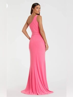 NWT Mac Duggal Jersey One Shoulder Belted Trumpet Gown Candy Pink size 6